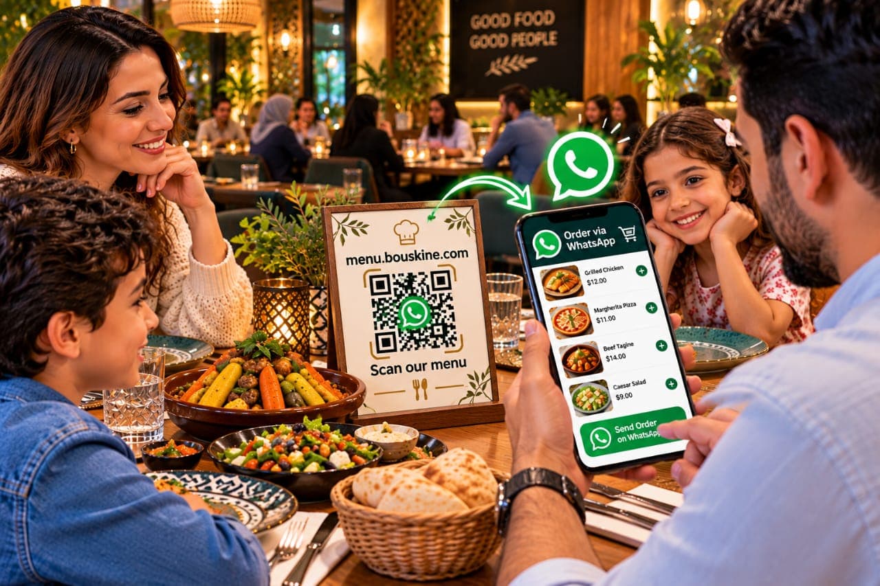 Une famille à table dans un restaurant : le père commande depuis son téléphone après avoir scanné le QR code posé sur la table.