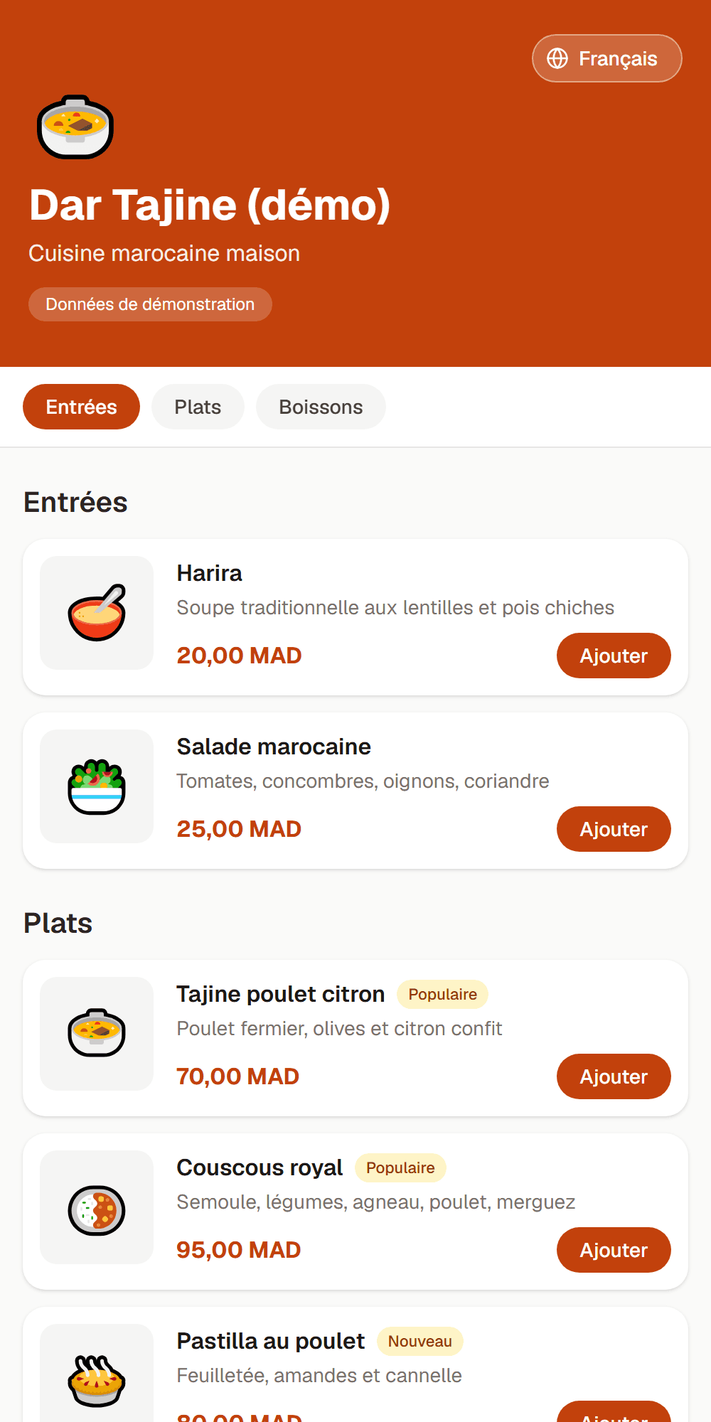 Le menu du client, sur son téléphone